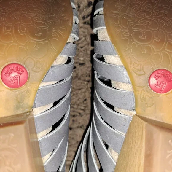 CAMPER-Rachael-Gray Strappy Leather-Wooden Wedge Sandals-SZ 39-8.5-Excellent - Picture 8 of 8